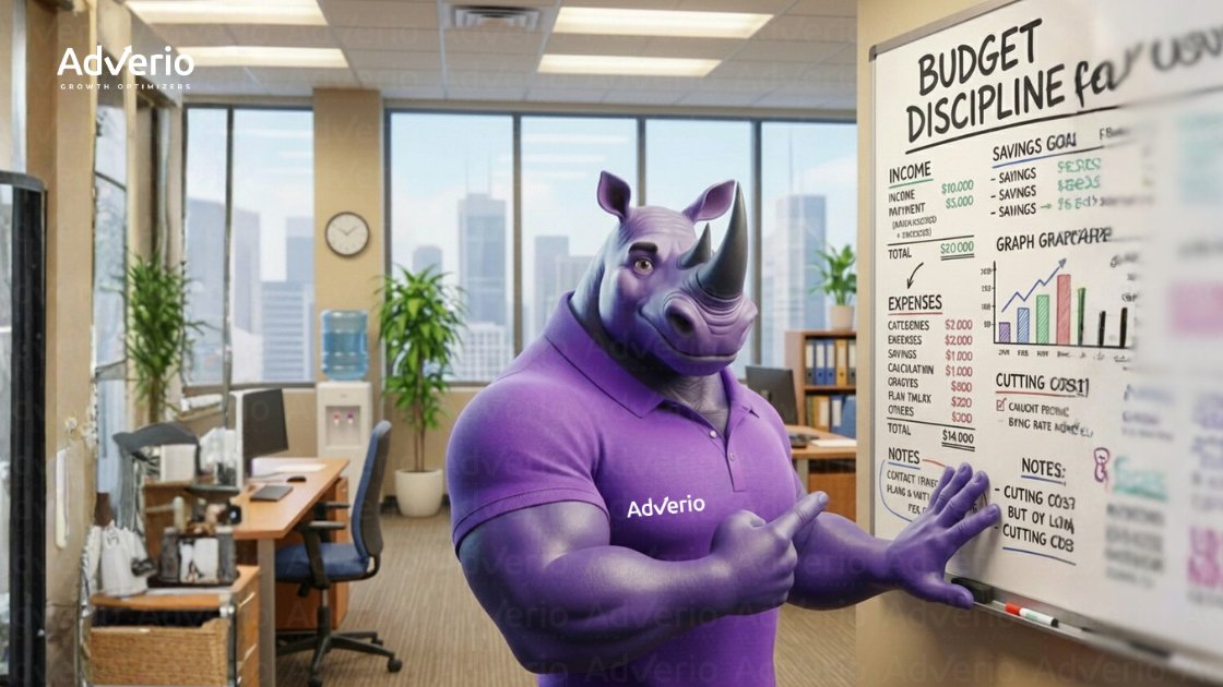 Amazon PPC for CFOs: How to Turn Ad Spend into Profit 21 A purple rhino mascot in a polo shirt points to a budget whiteboard in a modern office.