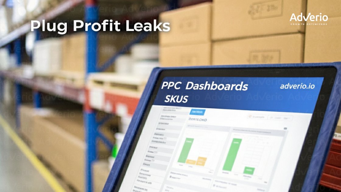 Amazon PPC for CFOs: How to Turn Ad Spend into Profit 22 A tablet displaying PPC dashboards and SKUs in a warehouse setting, with text about plugging profit leaks.