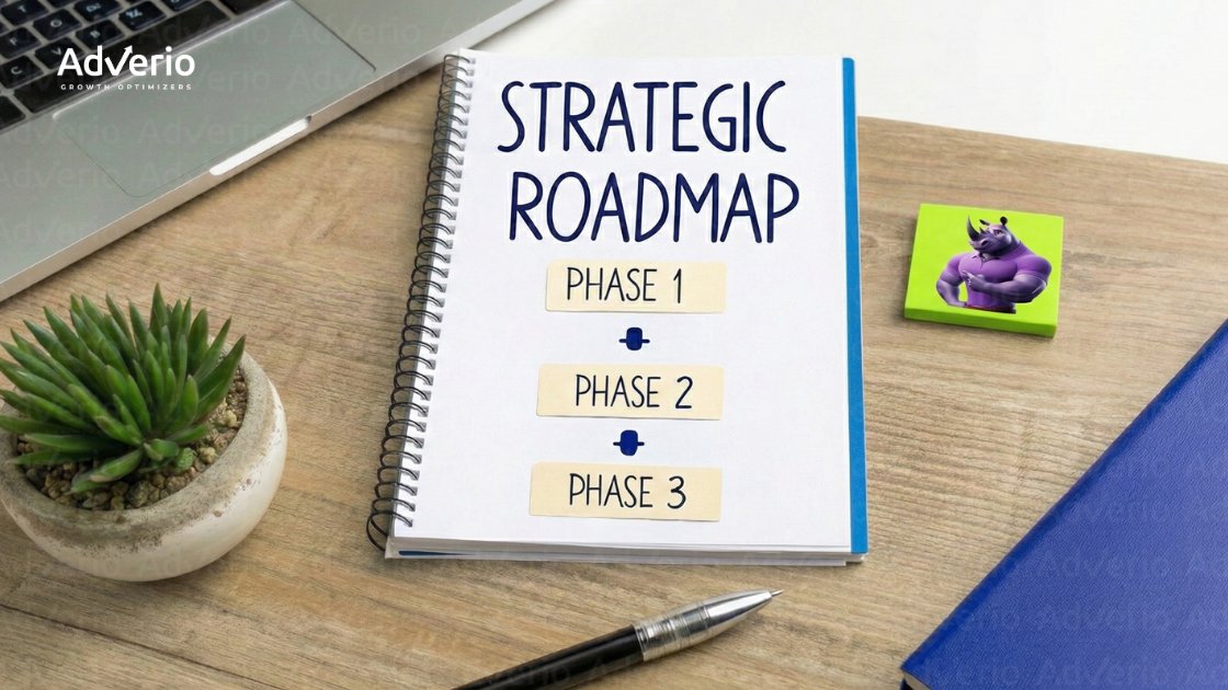 Amazon PPC for CFOs: How to Turn Ad Spend into Profit 23 A strategic roadmap notebook with phases, a laptop, a plant, a pen, and a rhino sticky note on a wooden desk.