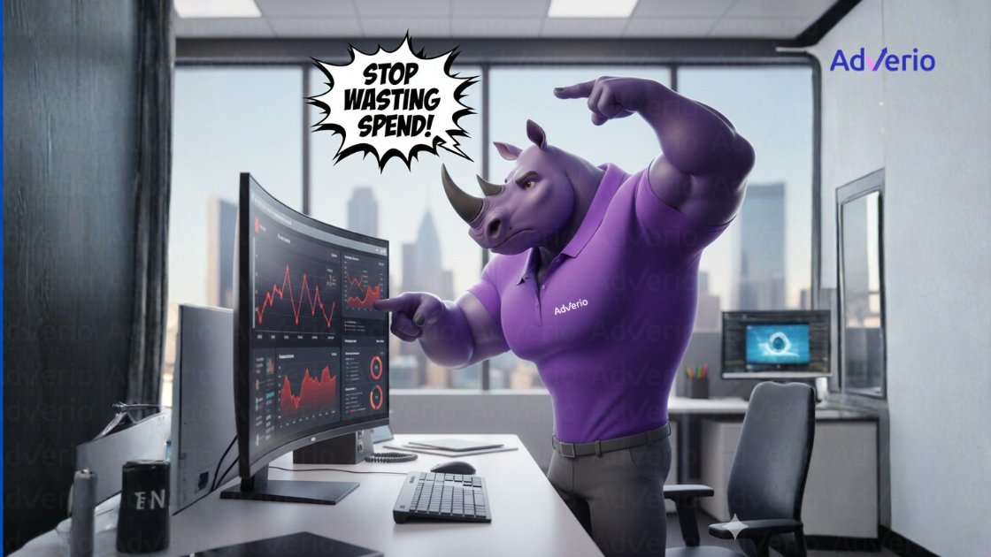 A muscular purple rhino character points at a computer screen displaying charts, with a speech bubble saying 'STOP WASTING SPEND!'