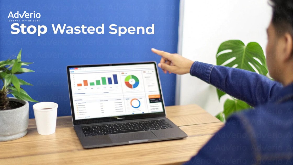 A person points to a laptop screen showing various data charts, highlighting "Stop Wasted Spend" from AdVerio.
