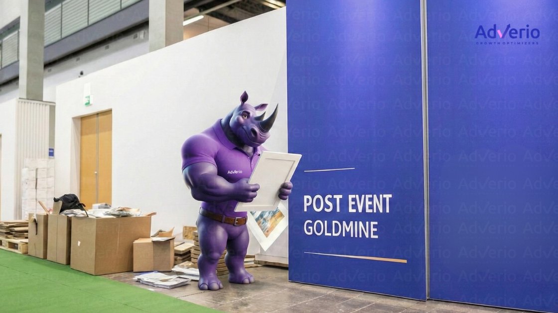 A purple rhino mascot in a polo shirt holding a frame, standing next to blue 'AdVerio' event banners.