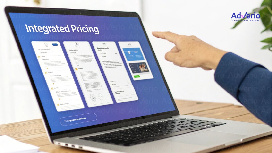 A hand points at a laptop screen displaying a website with "Integrated Pricing" and feature cards.