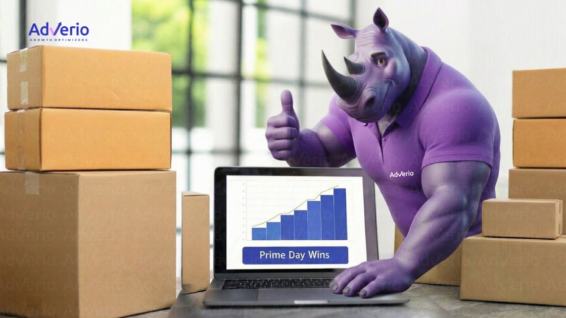 A purple rhino mascot giving a thumbs up, surrounded by shipping boxes and a laptop showing "Prime Day Wins" chart.