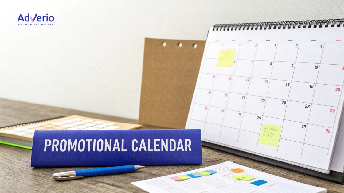 A promotional calendar sign, desk calendar, pen, and papers on a wooden desk.