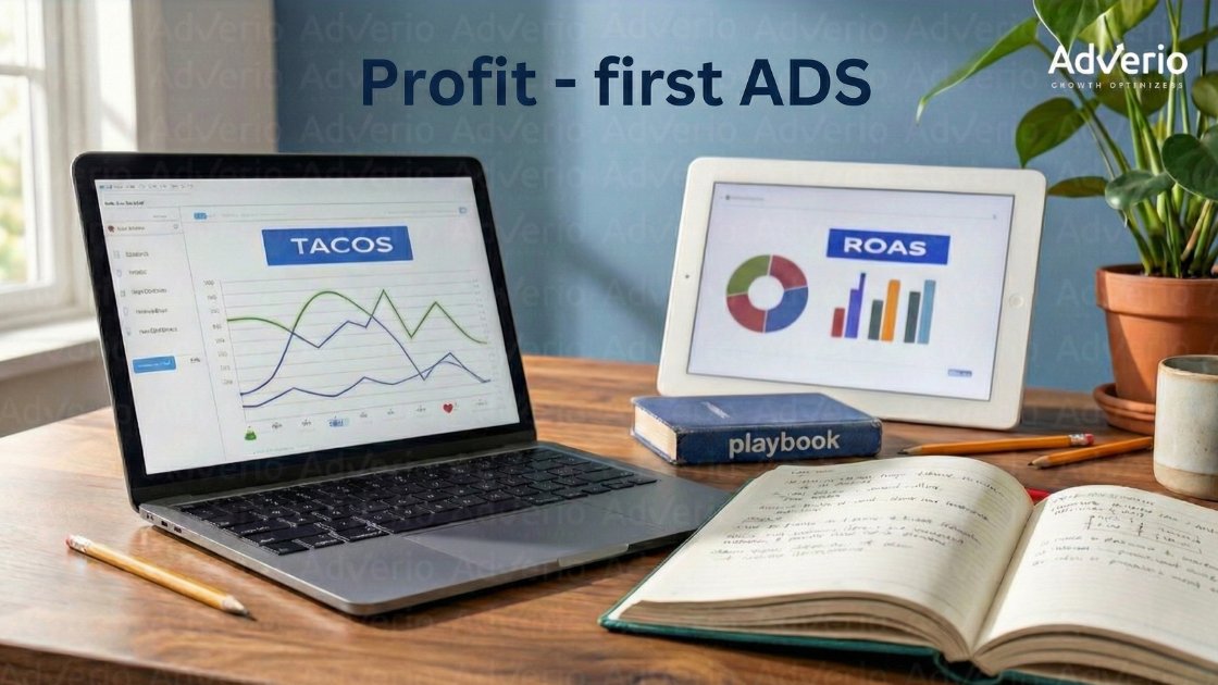 Laptop and tablet on a desk displaying financial graphs, with "Profit - first ADS" overlay.