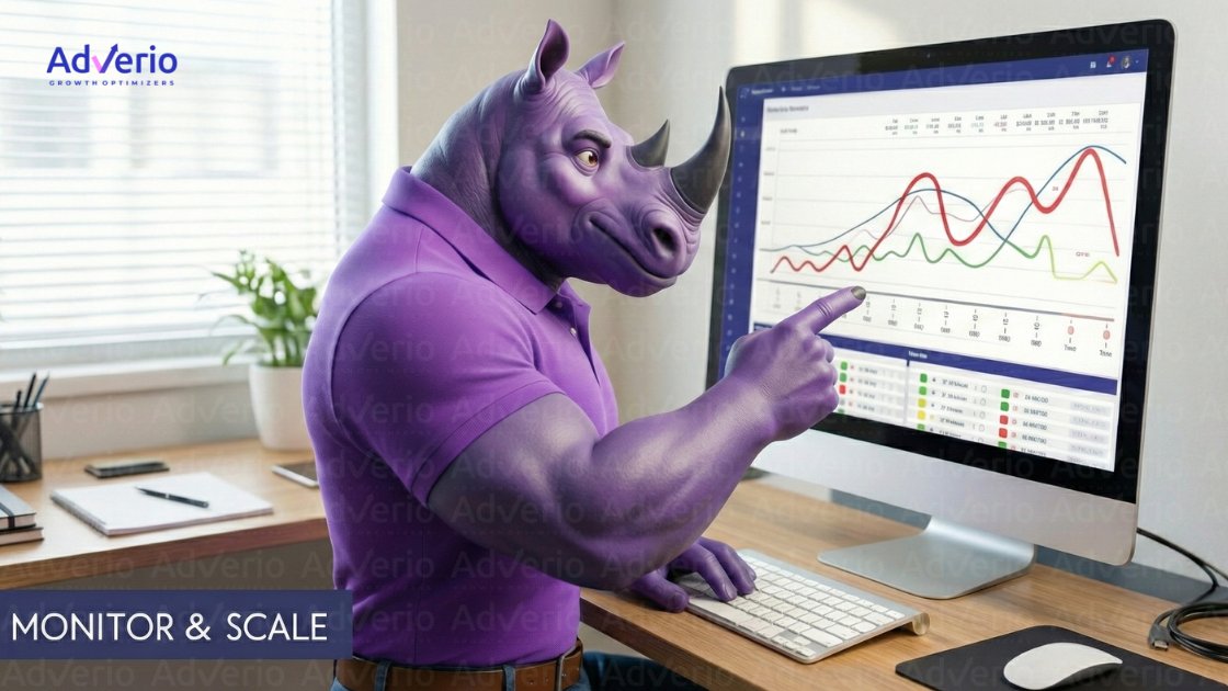 A purple rhinoceros character, wearing a polo shirt, points at a data graph on a computer screen at a desk.