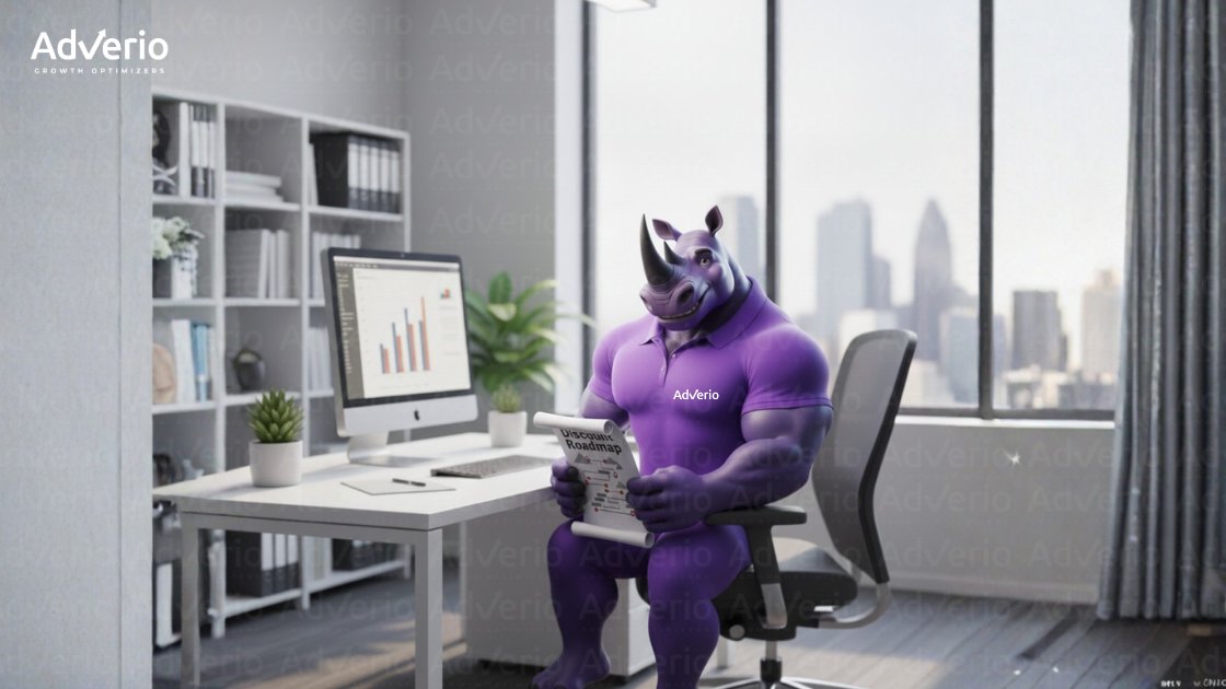 A purple rhinoceros mascot in an office reads a "Discount Roadmap" document, with "AdVerio" logo.