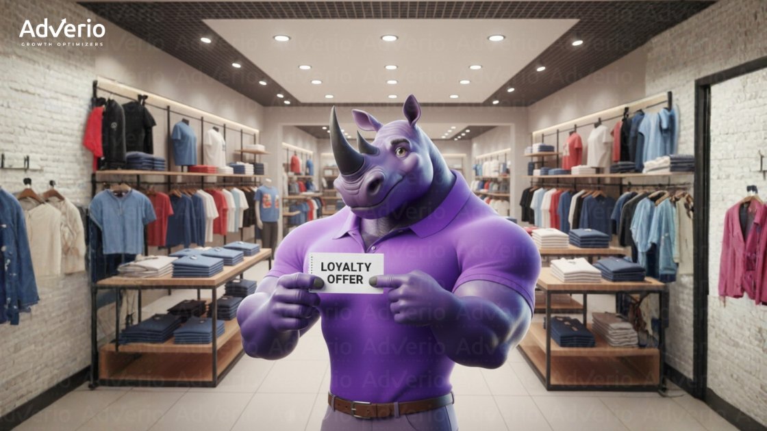 A purple rhino mascot holds a 'Loyalty Offer' card in a well-lit clothing store.