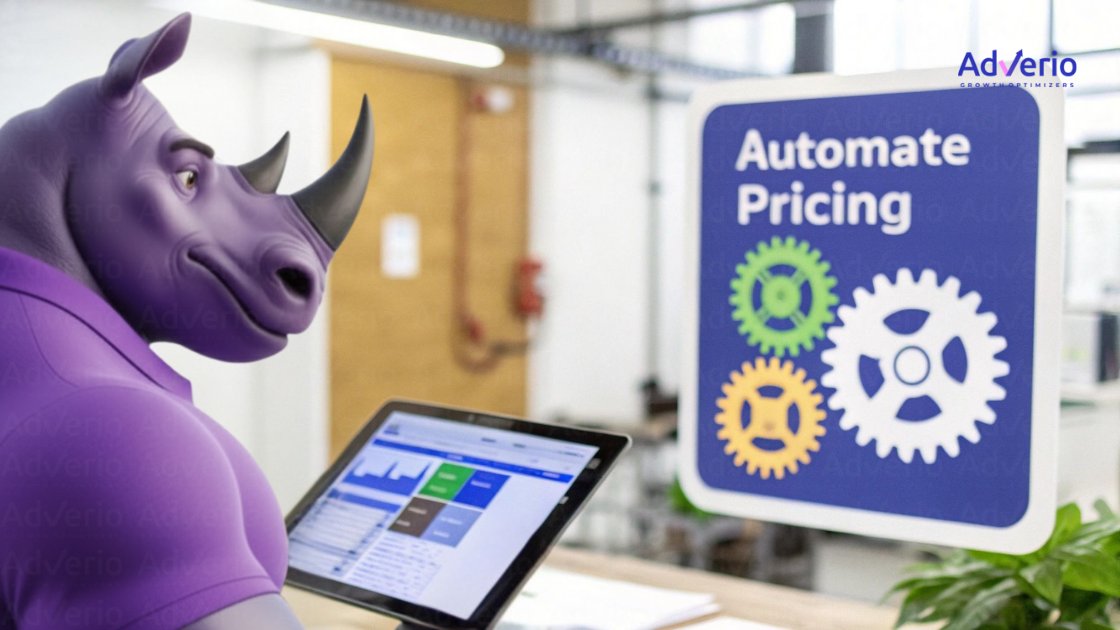 A purple rhino character uses a tablet next to a sign promoting "Automate Pricing" and gears.
