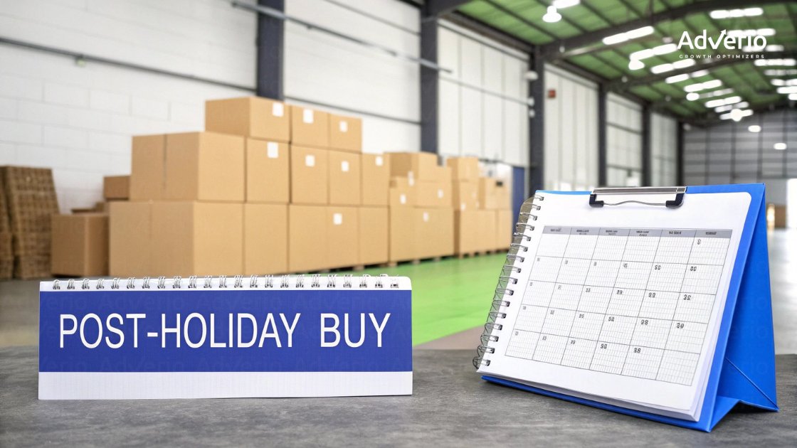 A warehouse filled with cardboard boxes, a 'POST-HOLIDAY BUY' sign, and a desk calendar.