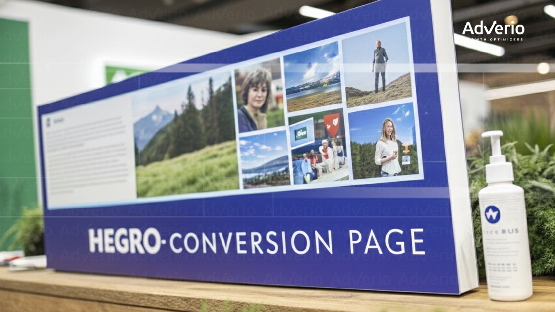 A blue display board with images and 'HEGRO-CONVERSION PAGE' text, next to a white pump bottle.