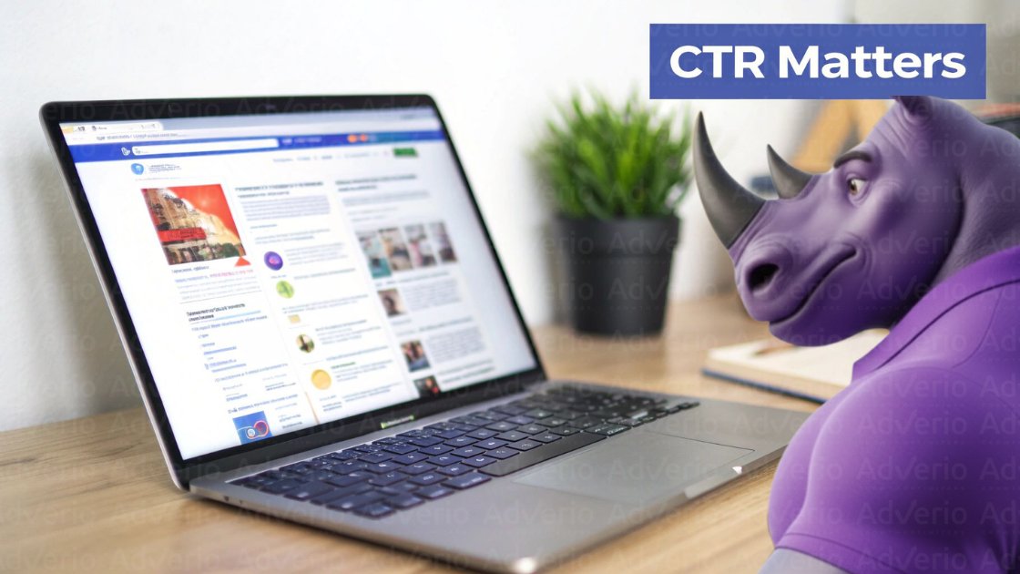 Amazon Click-Through Rate: The Hidden Lever Behind Profitable Scale 20 A purple rhino mascot in a polo shirt looks intently at a laptop displaying a webpage. Text reads: 'CTR Matters'.