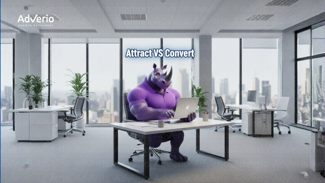 Amazon Click-Through Rate: The Hidden Lever Behind Profitable Scale 21 A strong purple rhino mascot works on a laptop in an office, with "Attract VS Convert" text.