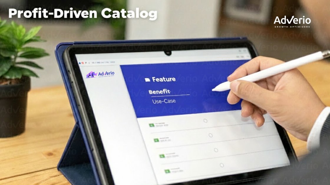 Amazon COSMO and RUFUS Strategy: How to Win in the AI-Driven Marketplace 8 Hand using a stylus on a tablet displaying "Profit-Driven Catalog" and "AdVerio" with content sections.