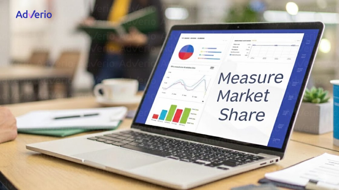 A laptop on a wooden desk displays market share graphs and data analysis on its screen.