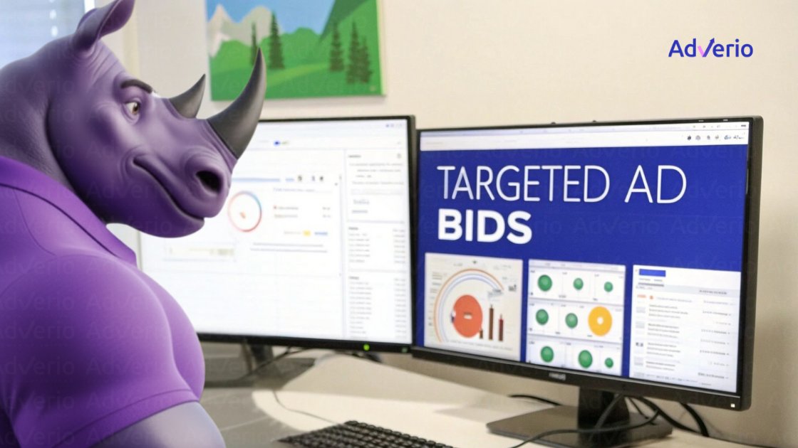 A purple rhino character sits in front of two monitors displaying ad bid data and charts, with the AdVerio logo.