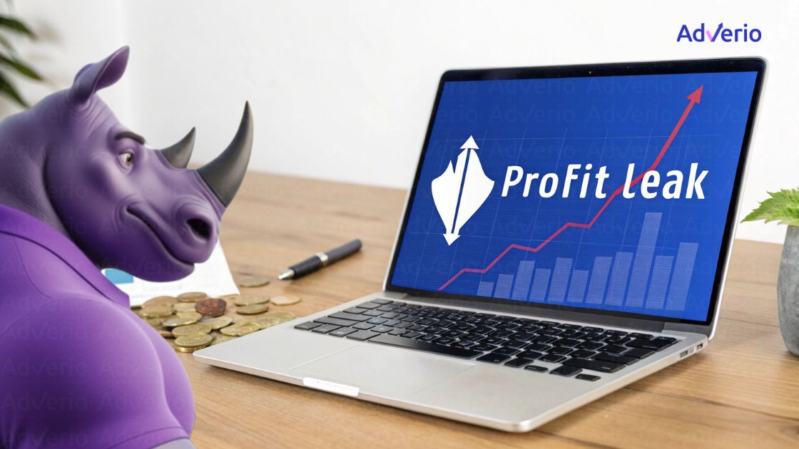 A purple rhino in a shirt looks at a laptop displaying a 'Profit Leak' graph with an upward arrow. Coins and a pen are on a wooden desk.