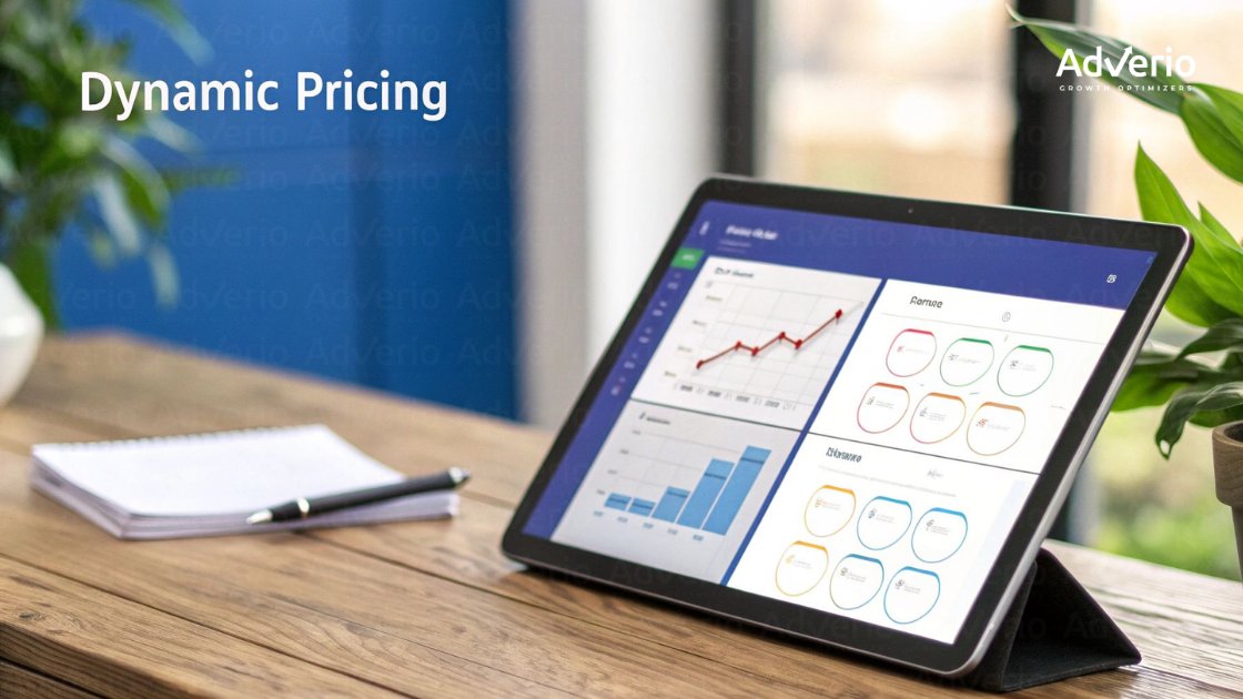 A tablet on a wooden desk displays dynamic pricing data, with a notebook, pen, and plant nearby.