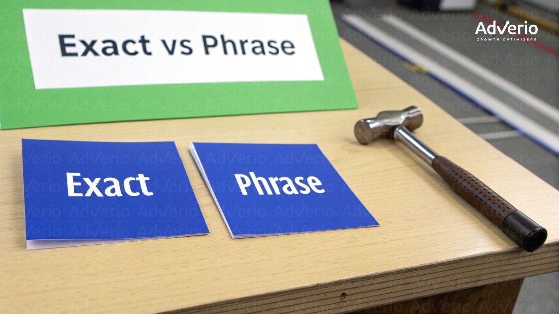Green sign 'Exact vs Phrase' above blue cards 'Exact' and 'Phrase' with a hammer on a wooden table.