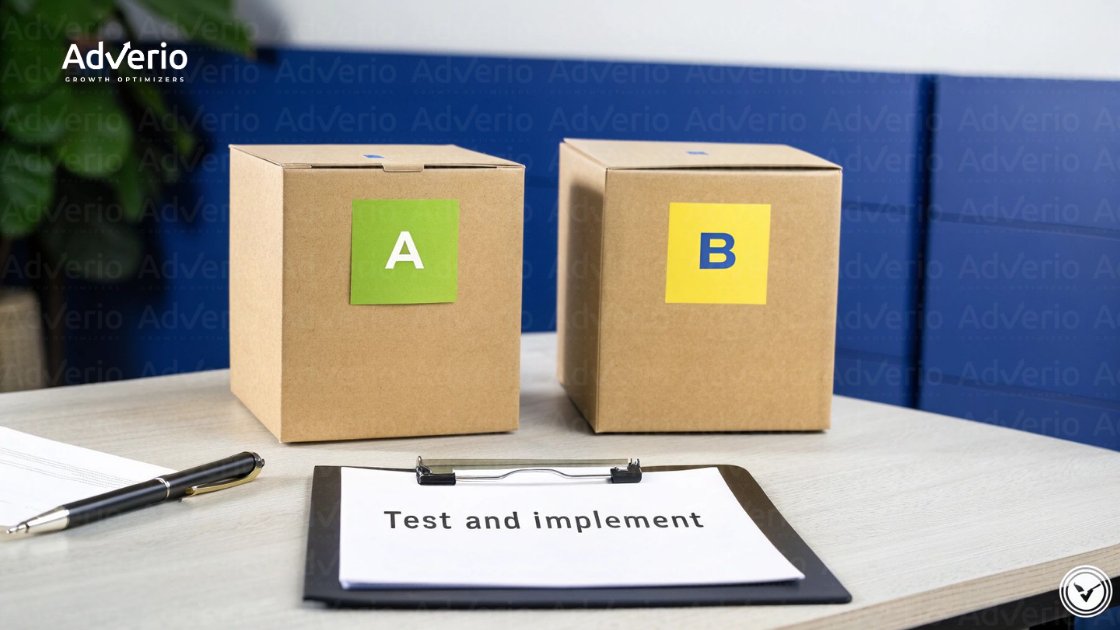 Two cardboard boxes labeled A and B on a desk, with a clipboard reading "Test and implement."