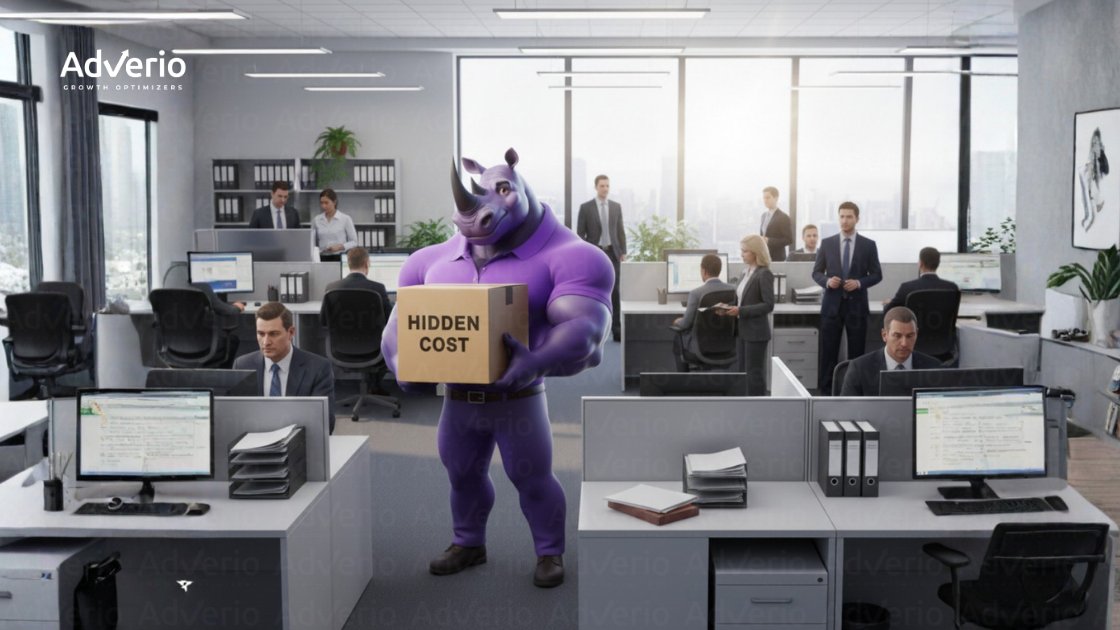 A large purple rhinoceros carrying a box labeled 'HIDDEN COST' in a busy open-plan office.