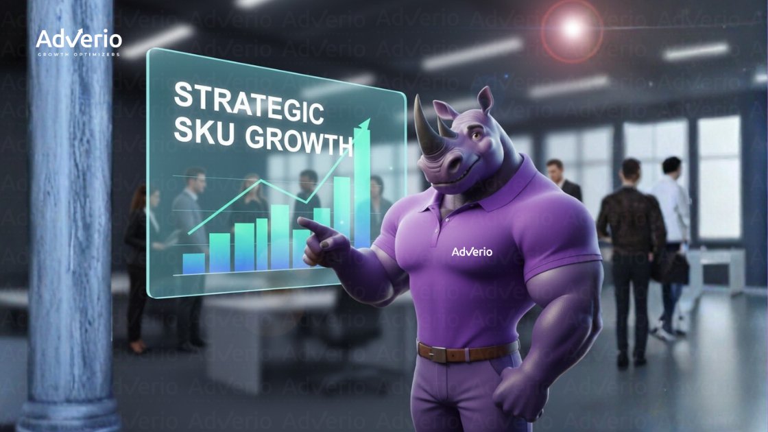 A purple rhino mascot points to a holographic 'STRATEGIC SKU GROWTH' display with charts, in an office.