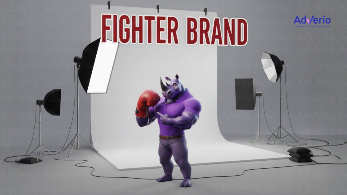 A strong purple rhino mascot wearing a boxing glove stands in a photo studio, under 'FIGHTER BRAND' text.