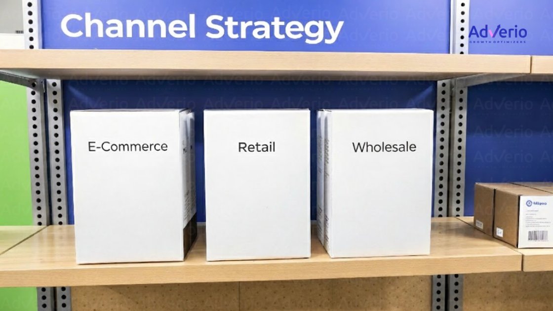 Three white boxes labeled E-Commerce, Retail, Wholesale on a shelf under a 'Channel Strategy' sign.