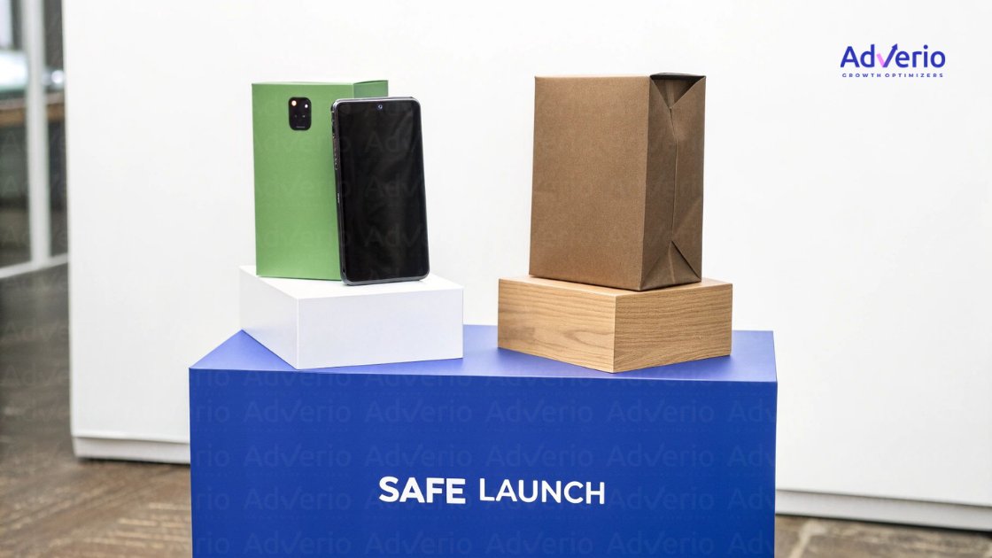 A blue pedestal with products: a green box, black smartphone, and brown bag for a safe launch.