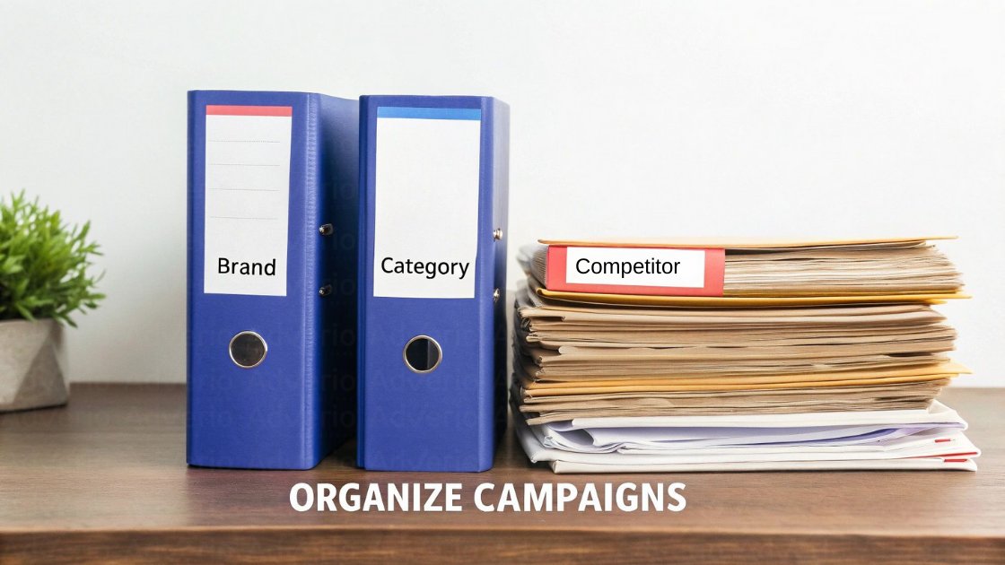 Two binders labeled 'Brand' and 'Category' with a stack of folders labeled 'Competitor' on a desk.
