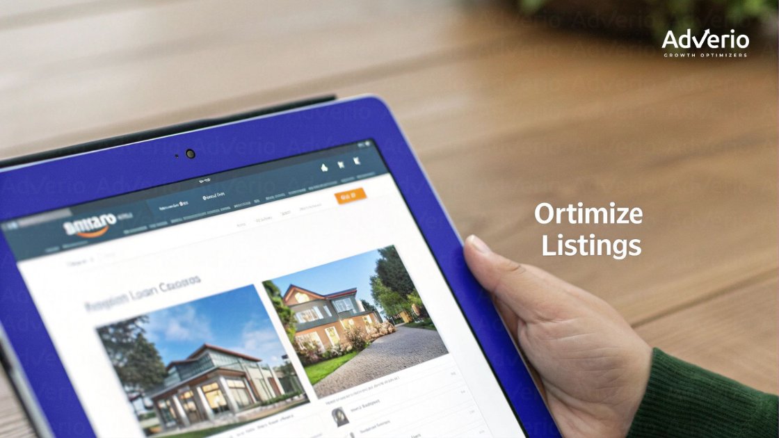 A person holds a blue tablet displaying real estate listings and 'Ortimize Listings' text.