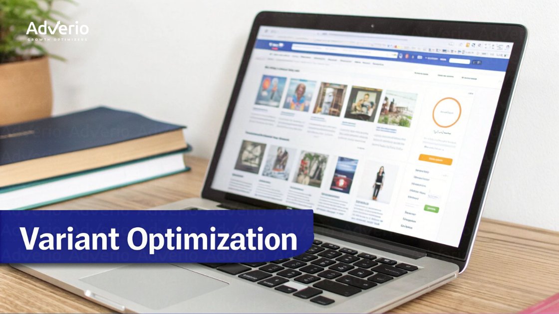 A laptop on a wooden desk displaying a webpage, with books, a plant, and 'Variant Optimization' text.