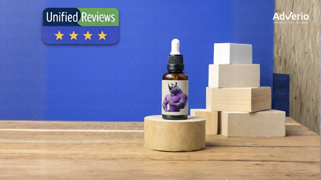 A dropper bottle with a muscular purple rhino label sits on a stand next to a 'Unified Reviews' badge with four stars.