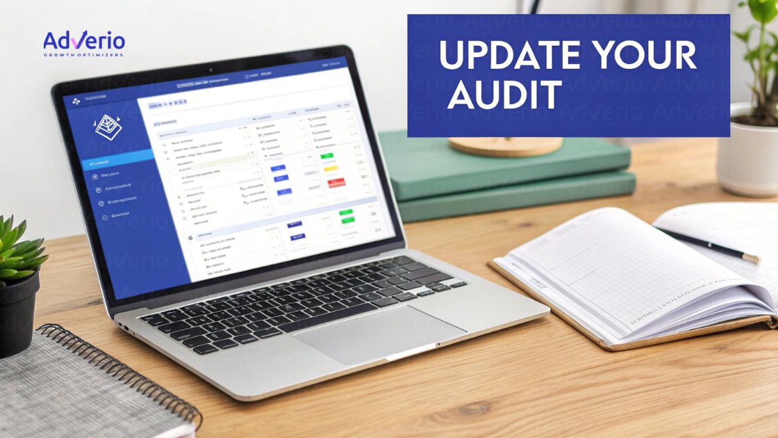 A laptop displaying AdVerio software, a notebook, and a plant on a desk with 'UPDATE YOUR AUDIT' text.