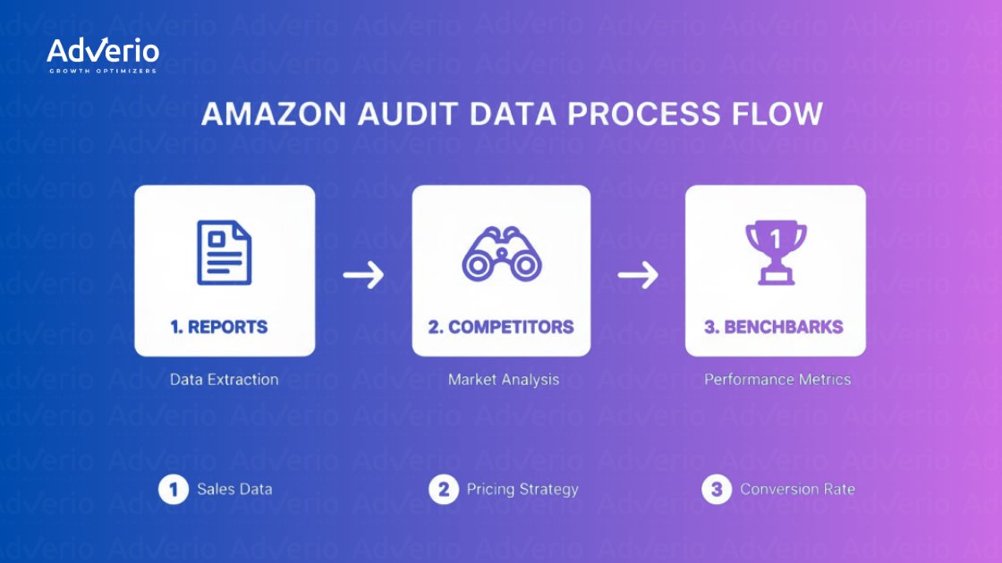 Flowchart detailing the Amazon audit data process, including reports, competitors, and benchmarks.