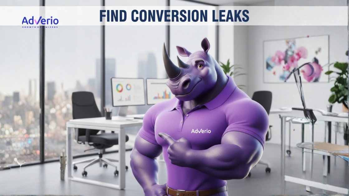 Muscular purple rhino mascot in a modern office, pointing to its AdVerio logo shirt.