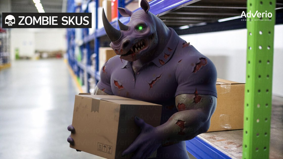 A zombie rhino monster with green eyes holds a box in a warehouse, featuring 'ZOMBIE SKUS' logo.