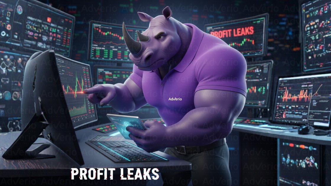 A muscular purple rhinoceros points at financial charts on multiple computer screens, holding a tablet.