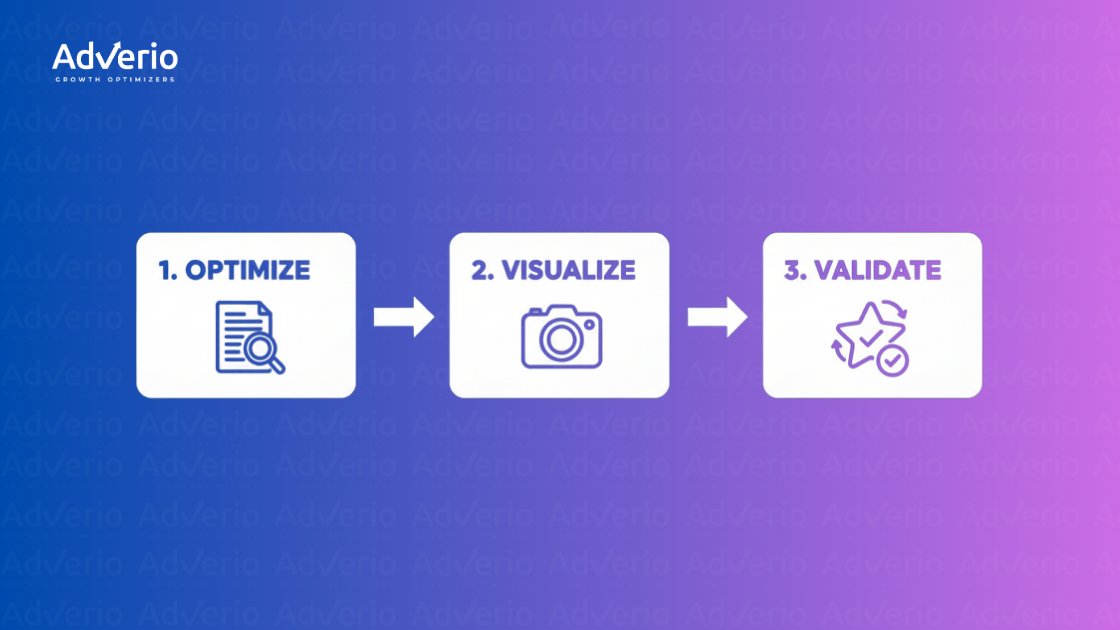 AdVerio's three-step process: Optimize (document icon), Visualize (camera icon), and Validate (star with checkmarks).