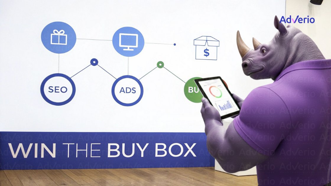 Purple rhino character reviews a digital marketing diagram, showing SEO, ADS, and winning the buy box.