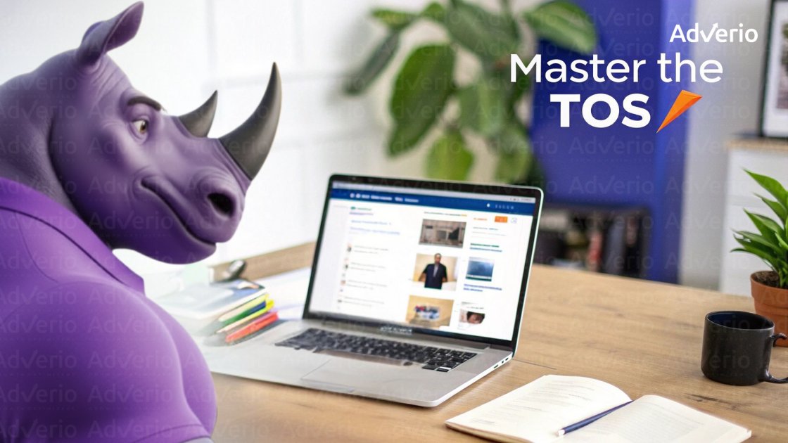 A Guide to Amazon Review Removal TOS for Brand Protection 16 A purple rhino character in a shirt sits at a desk with a laptop, notebook, and mug, promoting 'Master the TOS'.