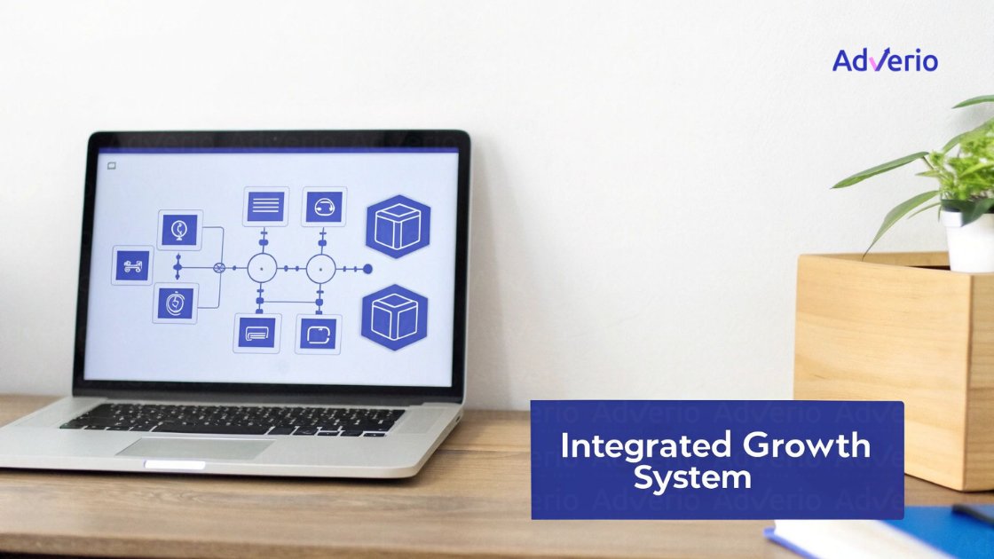 A laptop on a wooden desk displaying a system diagram, next to a plant and a banner with 'Integrated Growth System'.