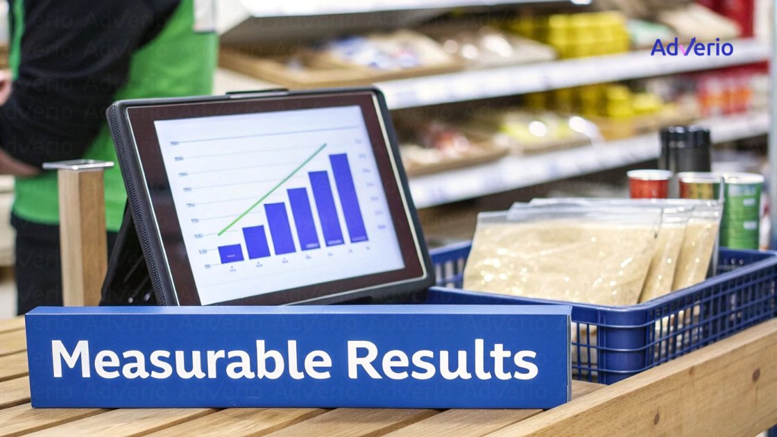 A tablet displays a growing bar graph and line graph, with a 'Measurable Results' sign in a store setting.