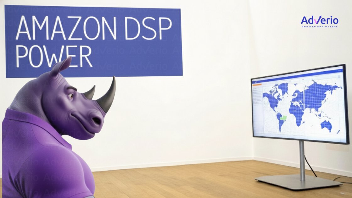 A purple rhinoceros character stands before an 'Amazon DSP Power' sign and a world map on a screen.