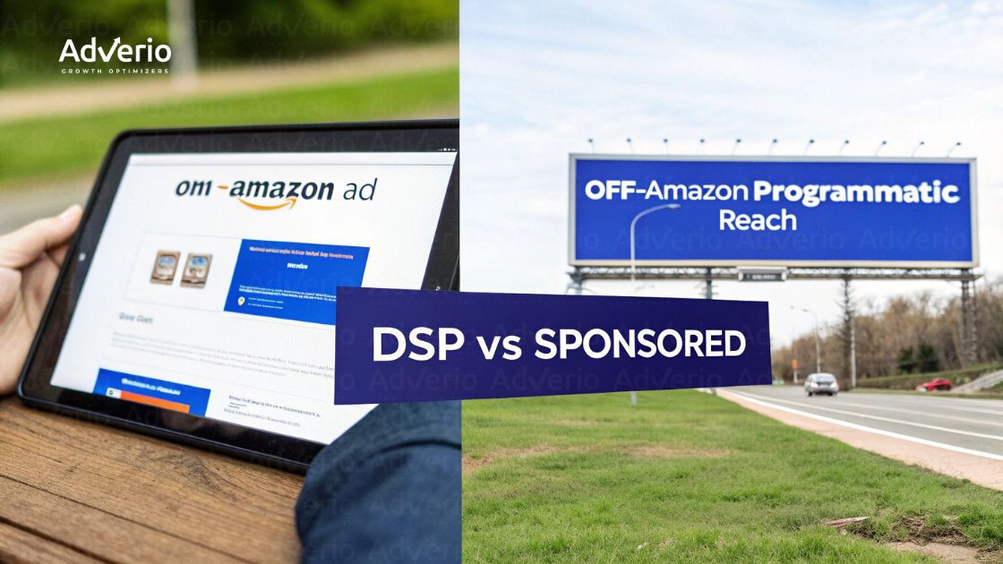 Comparison of Amazon DSP and Sponsored ads, showing an Amazon ad on a tablet and an off-Amazon programmatic reach billboard.