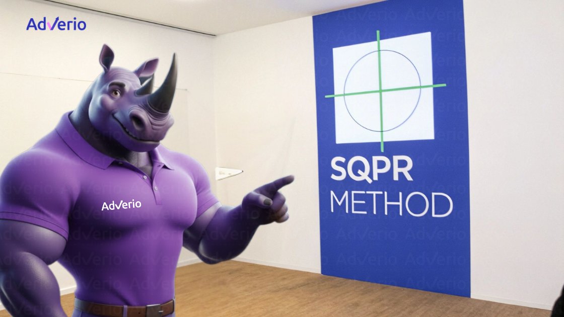 A purple rhino mascot, AdVerio, points at a blue banner displaying the SQPR METHOD.