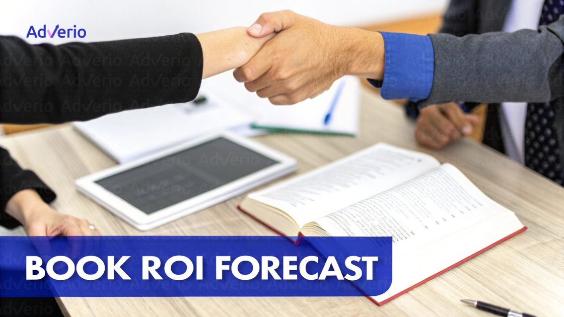 Two business people shaking hands over a table with an open book and tablet, displaying 'BOOK ROI FORECAST'.