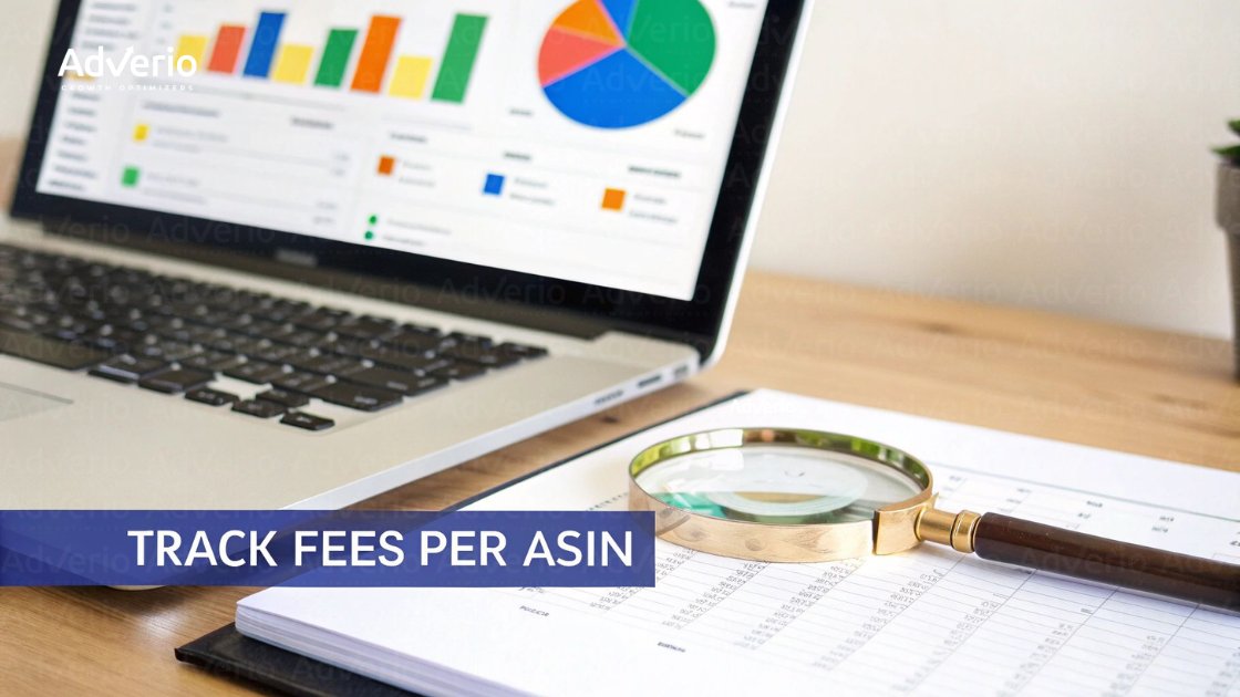 Amazon FBA Inbound Placement Fees: Profit Protection Playbook 12 A laptop displaying business analytics graphs, a magnifying glass on financial documents, and the text 'TRACK FEES PER ASIN'.