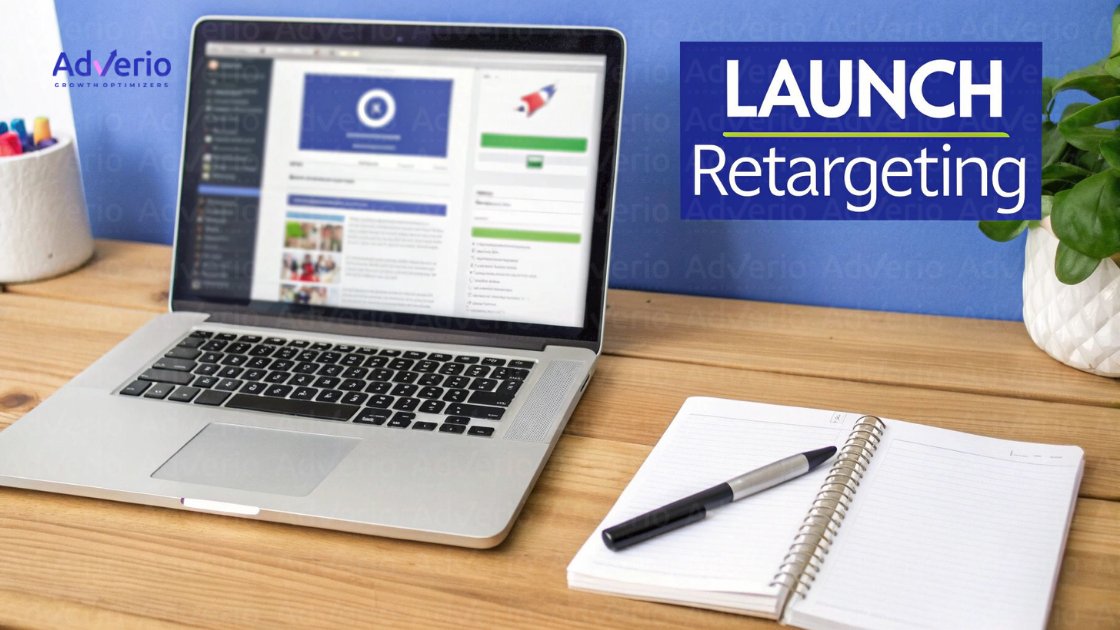 Amazon Retargeting Ads: A Profit-First Playbook to Recapture High-Intent Demand 13 An office desk with a laptop displaying a retargeting ad platform and text "LAUNCH Retargeting."